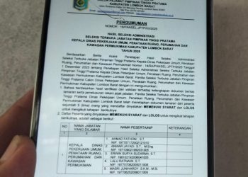 Lima Pejabat Lolos Administrasi untuk Jabatan Kepala Dinas PUPR Lobar melalui Seleksi